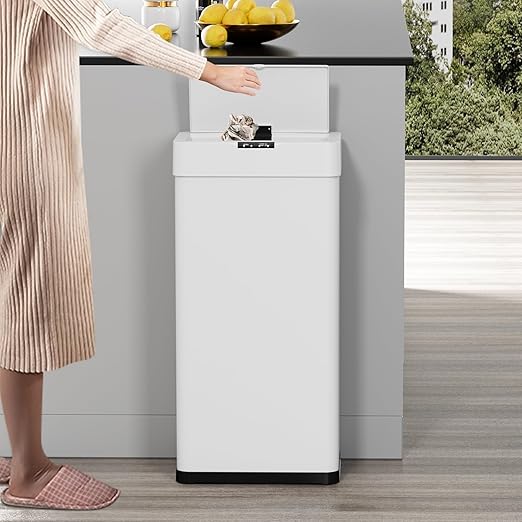 TLSUNNY 18.5 Gallon Motion Sensor Trash Can,Touchless Automatic Garbage Can,Brushed Stainless Steel Smart Bin,with Bag Holder,Soft Close Lid,for Kitchen,Office,RV,Bedroom,Living Room (White, 70L)