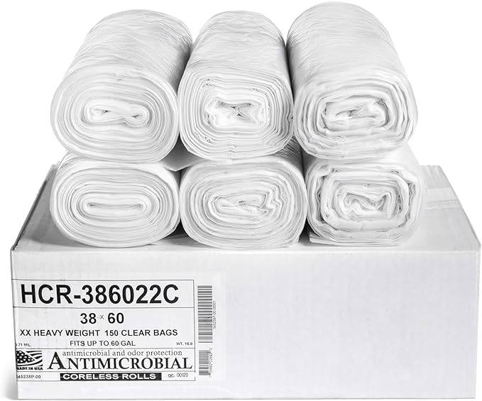 Aluf Plastics High Density Trash Bags, 60 Gallon, 150 Count, 22 Micron (eq), 38" x 60", Clear, for Bathroom, Office, Industrial, Commercial, Janitorial, Municipal, Recycling