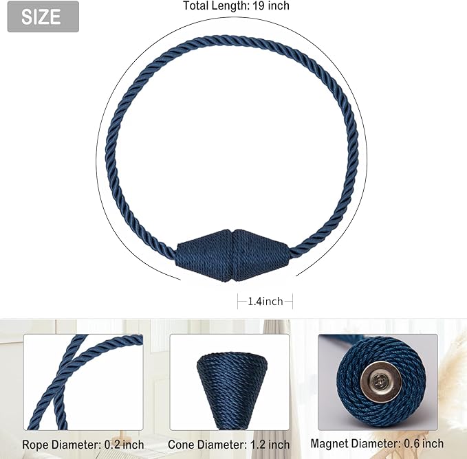 Magnetic Curtain Tiebacks 6 Pack Outdoor Rope Curtain Tie Backs Decorative Window Treatment Holdbacks for Home Decorative Curtain, Blue