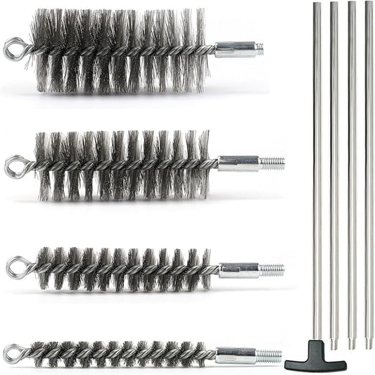 50 in Pipe Cleaning Brush Set with Stainless Steel Bristles, Wire Brush with 4pcs Galvanized Rod, Stainless Steel Pipe Brush 4pcs for Auto Parts, Bottles, Tubes. (3/5, 1, 1 3/5, 2 in Brush Heads)