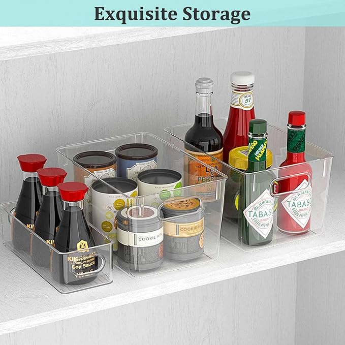 Fridge Clear Plastic Storage Bins, 4 Pack Pantry Organizers & Storage Containers, Cabinet Organizer, Home Organization Must Haves for Kitchen, Laundry Room, Office, Closet & Freezer