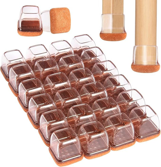 Square Chair Leg Floor Protectors Large 24Pcs,Silicone Chair Leg Protectors for Hardwood Floors/Tiles,Clear 360°Wrapped Felt Bottom to Prevent Scratch and Reduce Noise