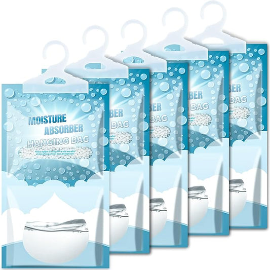 5 Pack Hanging Moisture Absorbers - Fagrance Free Dehumidifier Bags, 8.11 OZ, Removes Moisture & Odors, Humidity Absorber Packs for Closet Bedroom Kitchen