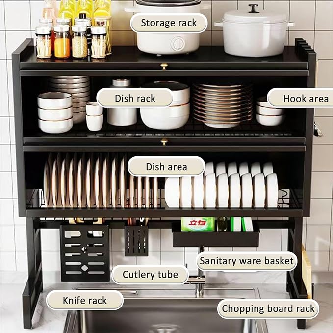 Dish Drying Rack 4 Tiers with Cover, Keep Kitchen Sink Shlef Organized Space-Saving Dish Drying Rack, for Dishes, Glasses, Bowls, Cutlery (black, W-33.5)