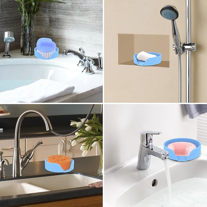 Self Draining Soap Dish, Silicone Suction Cup Soap Holder Tray Savers Container Sponge Holder for Bar Bathroom Shower Kitchen Sink, Can Extend Soap Life (2, Sky)
