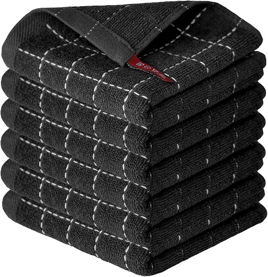 Artoid Mode Checkered Designed Cotton Black Terry Kitchen Dish Cloths, 12x12 Inch Soft Absorbent Quick Drying Cleaning Kitchen Rags Set of 6
