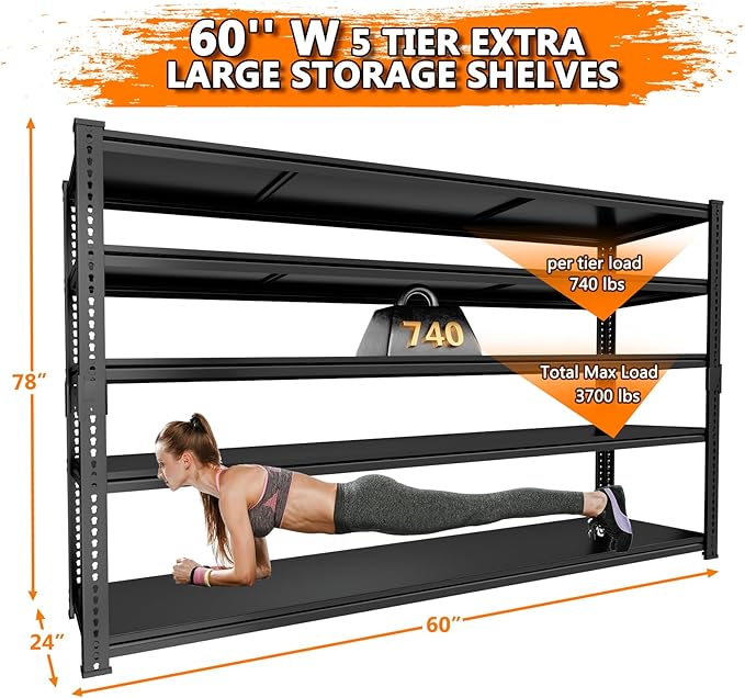 Storage Shelves Heavy Duty 3 PCS, 60" L x 24" W x 78" H Garage Storage Shelves Unit Loads 3700LBS, 5-tier Adjustable Metal Industrial Utility Shelf Rack for Kitchen, Laundry Room, Warehouse, Basement