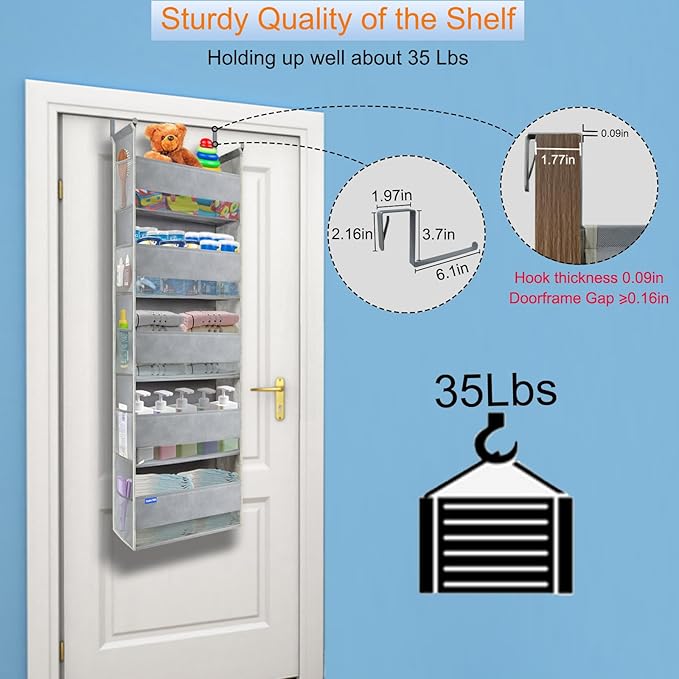 Extra Large Over The Door Organizer Storage 5-Shelves and 10 Side Pockets, Heavy Duty Hanging Door Organizer for Closet Bathroom Bedroom Nursery Pantry, Grey