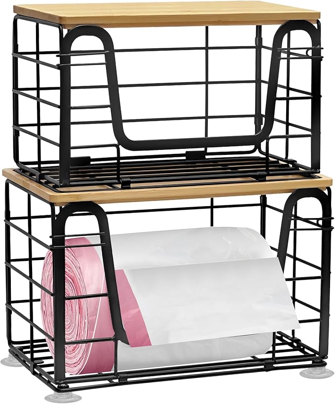 2 Pack Trash Bag Holder - Extra Large Stackable Storage for Kitchen Pantry Laundry Room Organization, Wall Mount Garbage Bag Dispenser with Bamboo Top for Under Sink Organizer, Fits 13/30/33 Gallons
