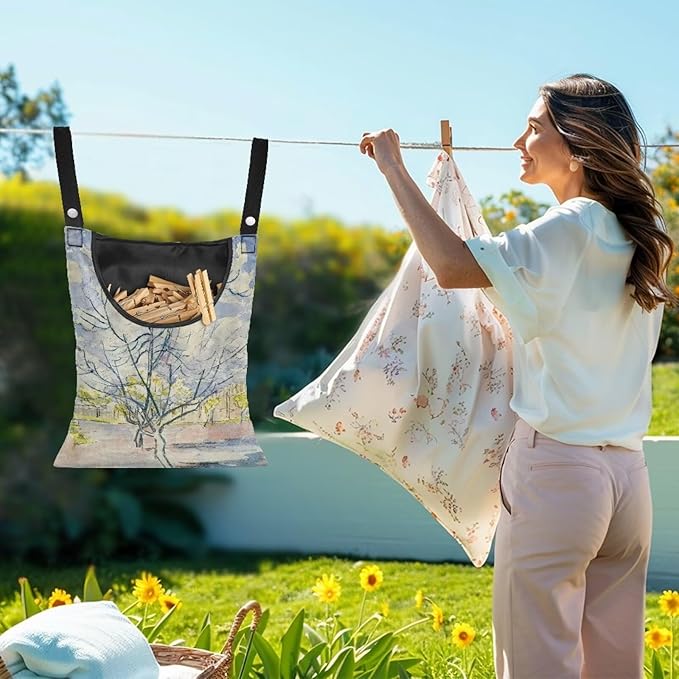Weather Resistant Clothespin Storage Bag - Outdoor Hanging Organizer with Windproof Features - Large Capacity 14.5x12 Inch Polyester Pouch for Clothes Pins Peach Tree in Bloom Print