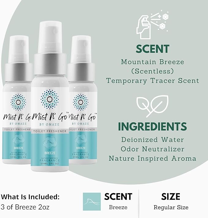 Mist N’ Go by Omaze Travel Bathroom Spray for Toilet Spray Odor Eliminator - Travel Toilet Spray for Bathroom Air Freshener Spray for Bathroom Deodorizer - Breeze Regular Size (2oz x3)