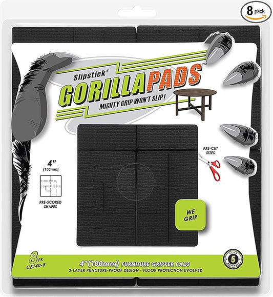 GorillaPads Non Slip Furniture Pads/Floor Grippers (Set of 8 Non Skid Floor Protectors) Pre-Scored to Cut to Multiple Size, 4 Inch Square, Black, CB140-8