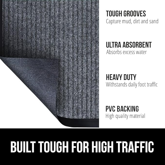 GORILLA GRIP Traffic Guard Door Mat, 59x24, Heavy Duty Welcome Mats, Commercial Office Space Doormat, Waterproof, Fade Resistant, Strong Rubber Backing, Low Profile, Shoe and Boot Scraper, Gray