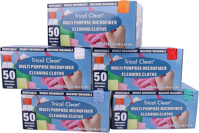Tricol Clean Profesional Resuable Lint Free Microfiber Edgeless Cleaning Cloth 50PK Cleaning Rags,Absorbent Microfiber Wipes in Dispenser Box for Housekeeping, Car Cleaning（12 * 12 Inches）（ Green 1）