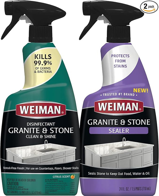 Weiman Disinfecting Granite & Stone Daily Cleaner and Sealer Kit - For Granite, Marble, Quartz, Quartzite, Slate - 24 oz Daily Kitchen Countertop Cleaner, 24 oz Granite & Stone Sealer