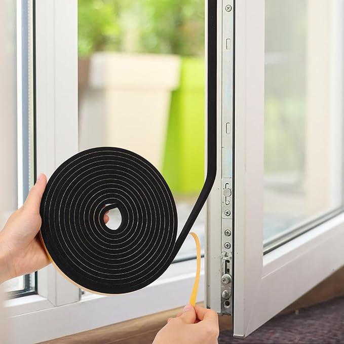 Black Weather Stripping Door Seal Strip (3/5 Inch X 1/2 Inch X 10Feet), Strong Adhesive, Lightproof, Soundproof, Weatherproof Foam Tape Insulation for Sliding Door, Front Door Frame, Windows
