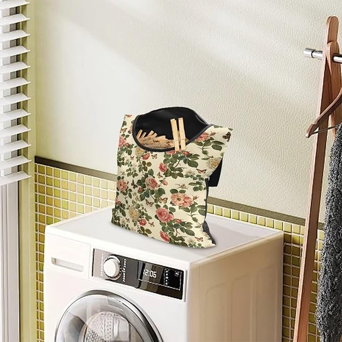 Floral Clothes Pin Hanging Bag with Hanging Rope 14.5 X 12 Inch Clothespin Bag for Clothes Pins and Clothespins - Heavy Duty Outdoor Use