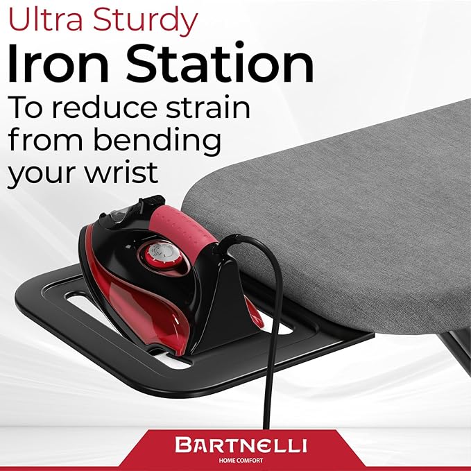 Bartnelli by Rorets Ironing Board Made in Europe | Iron Board with 4 Layered Cover & Pad, Height Adjustable up to 36" Features A Safety Iron Rest, 4 Steel Legs, for Laundry Room or Dorm Use (43x14)