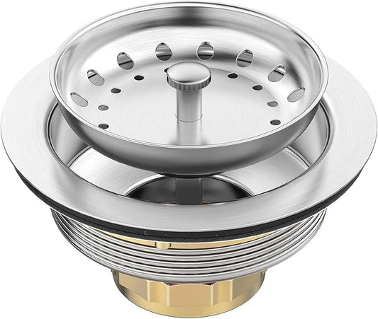 BOTEMY Stainless Steel Sink Drain Strainer Kit 3-1/2 inch Kitchen Drain Assembly with Metal Center Knob Basket Stopper Replacement for Standard Kitchen Sinks, Brushed