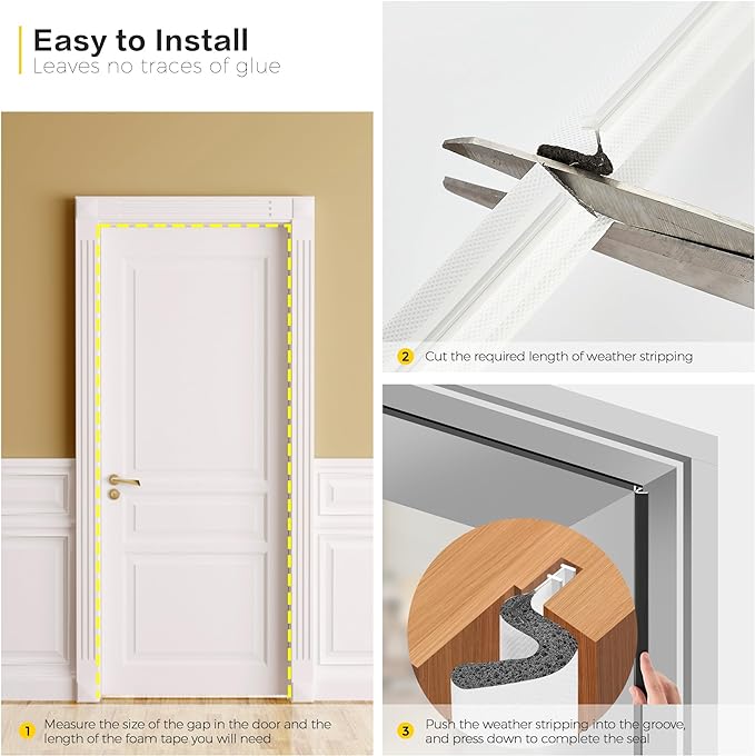 Ravinte Weather Stripping Door Seal Strip Soundproof "Q" Foam Weather Stripping for Door Frame, Exterior Door Weather Stripping for Large Gap, Easy to Install（White, 28FT)