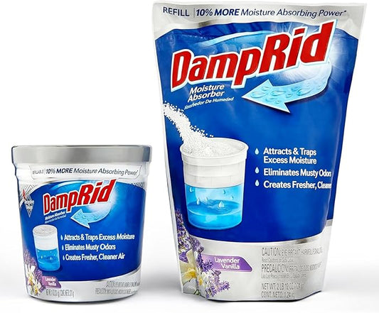 Damp Rid Refillable Moisture Absorber, Includes Single Damp Rid Lavender Vanilla 11oz. Cup & 44oz. Refill Bag - Moisture Absorbers for Closet, 10% More Absorbing Power*, Cleaner Air - ILIOS Packaging.