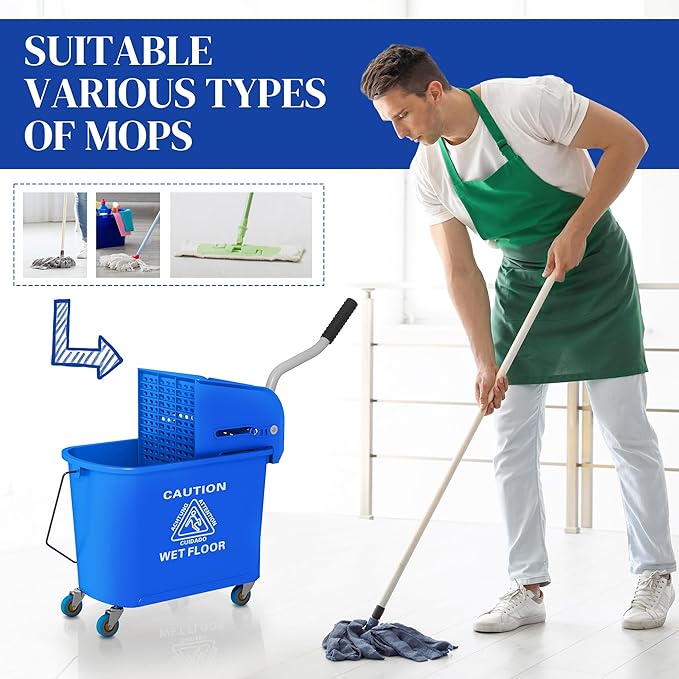 HOMCOM Compact Mop Bucket with Wringer on Wheels for Floor Cleaning, 21 Quart, Separate Dirty and Clean Water, for Home, Apartment, Blue