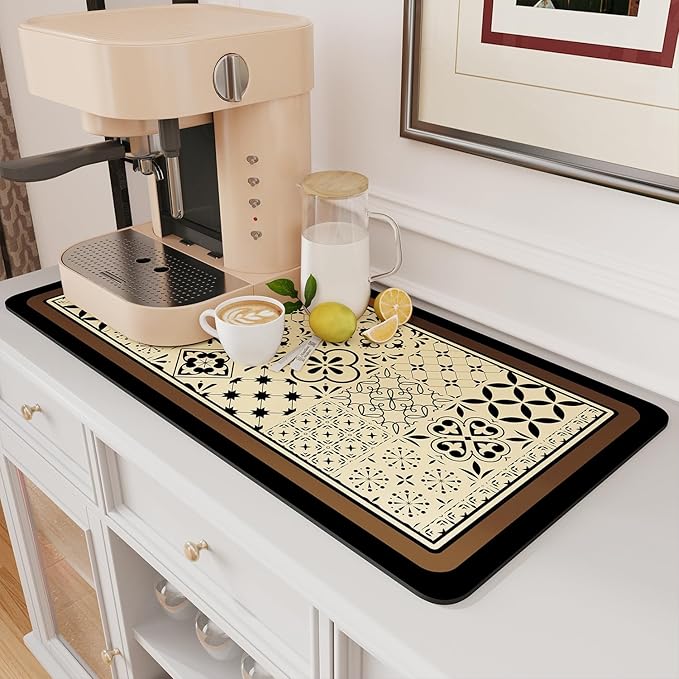 AMOAMI Coffee Mat Hide Stain Rubber Backed Absorbent Dish Drying Mat for Kitchen Counter - Fits Under Coffee Maker or Machine - Khaki 17x31.5