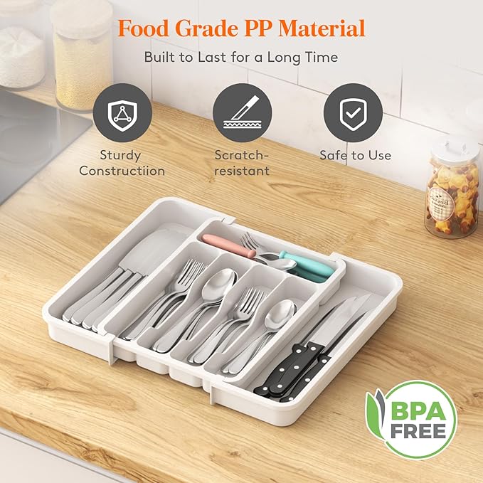 Lifewit Silverware Drawer Organizer, Expandable BPA Free Utensil Tray for Kitchen, Adjustable Flatware and Cutlery Holder for Spoons Forks Knives, Plastic Kitchen Organizers and Storage, White