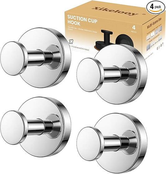 4 Pcs Suction Cup Hooks for Shower，Removable Hooks，Towel Hook，Suction Hook for Bathroom, Bedroom, Glass Window (Bright Silver)