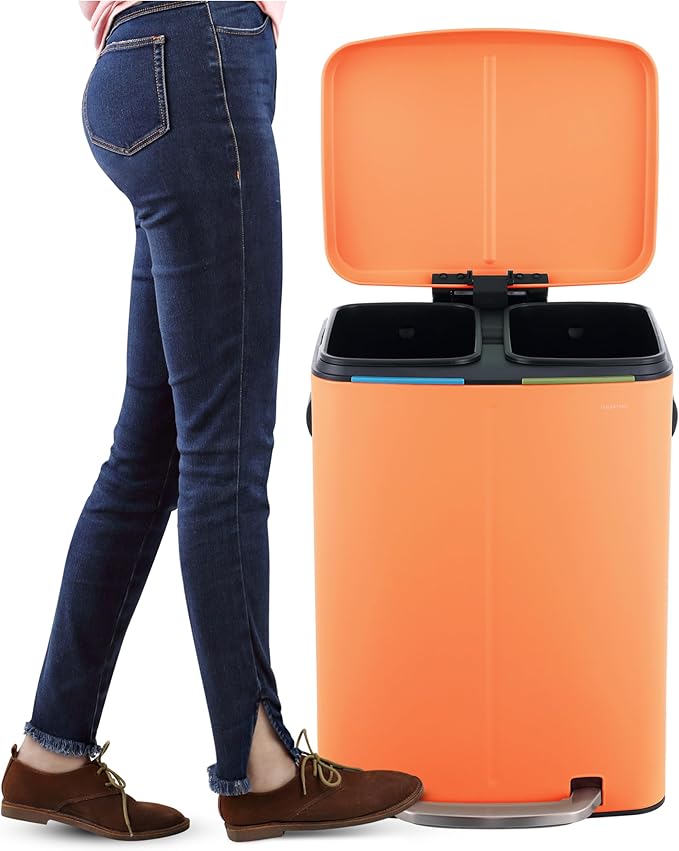 happimess HPM1005K Marco Rectangular 10.6-Gallon Double Bucket Trash Can with Soft-Close Lid, Carrot Cake, Fingerprint Resistant, Modern, Minimalistic for Home, Kitchen, Office, Bedroom, Bathroom