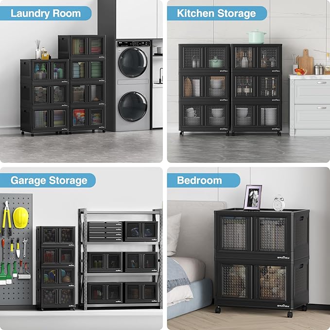 BROVIEW 140Gal Stackable Storage Bins with Lids & Wheels, 560Qt Plastic Collapsible Closet Organizer and Storage Drawers, Storage Boxes Cabinets for Home, Office, 7 Pack, Black