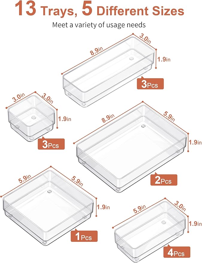 SMARTAKE 13-Piece Drawer Organizer with Non-Slip Silicone Pads, 5-Size Desk Drawer Organizer Trays Storage Tray for Makeup, Jewelries, Utensils in Bedroom Dresser, Office and Kitchen (Clear)