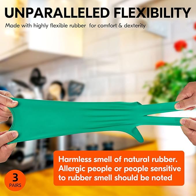 Vgo... 3-Pairs Reusable Household Gloves, Rubber Dishwashing gloves, Extra Thickness, Long Sleeves, Kitchen Cleaning, Working, Painting, Gardening, Pet Care (Size S, Green, HH4601)