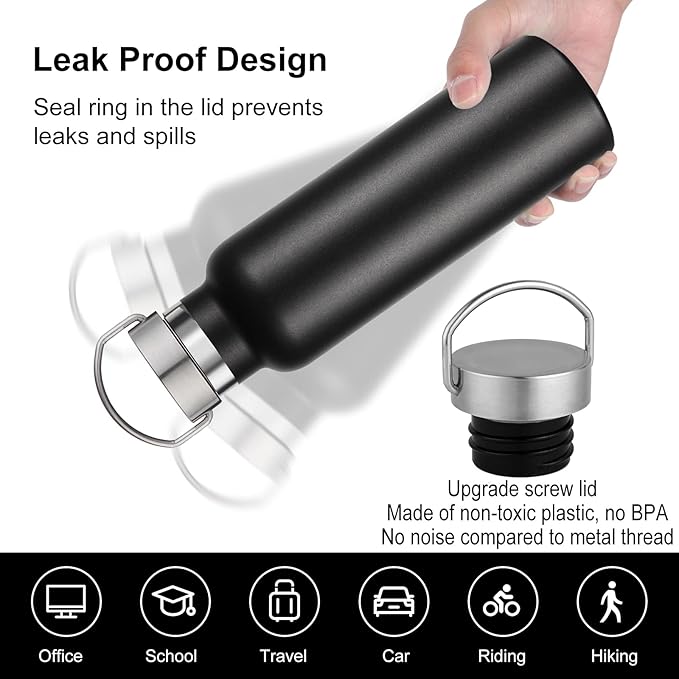 Neihepal 20 oz Insulated Water Bottles Bulk 8 Pack,Stainless Steel Double Wall Sport Bottle with Lid of Handle,Metal Reusable Flask with Cup Cap for School,Hikers,Gift (Black,Set of 8)
