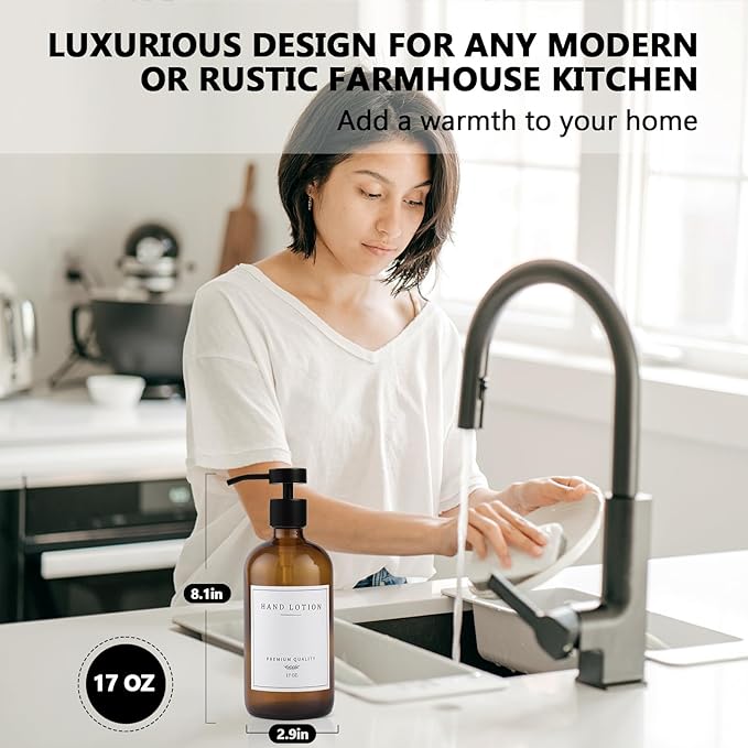 Amber Glass Soap Dispenser - Dish Hand Soap Dispenser for Kitchen, Bathroom Soap Lotion Dispenser with Pump, Refillable Liquid Soap Pump Dispenser Set with Tray, Amber Bottle/Black Pump-pd