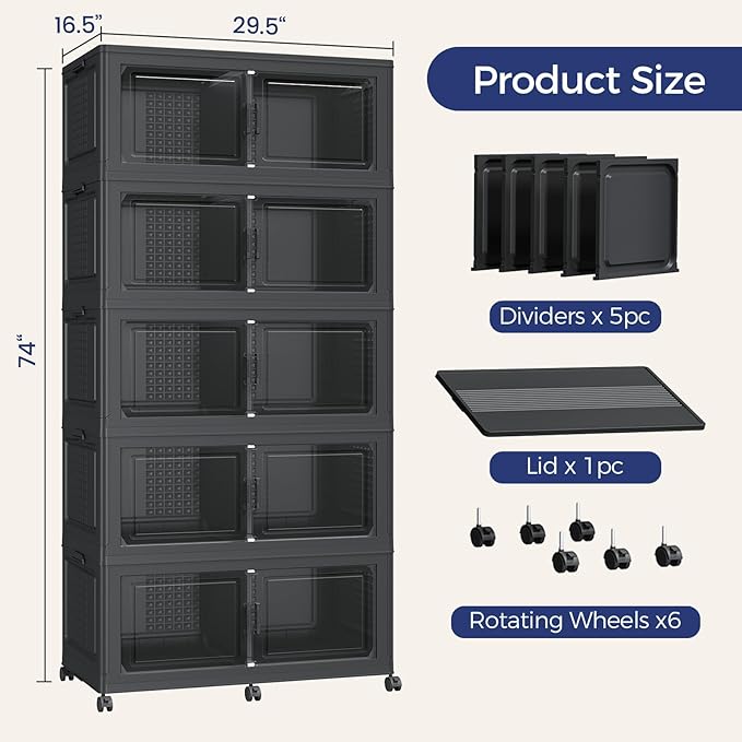 200GAL Storage Bins with Lid and Wheels, Stackable Closet Organizers and Storage Drawer, Collapsible Storage Box with Dividers, Foldable Plastic Cabinets Cubes Totes for Garage, 5 Pack Black