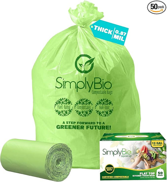 Simply Bio 13 Gallon Compostable Trash Bags Liners with Flat-Top, Thick 0.87 Mil, 49.21 Liter, 50 Bags, Tall Kitchen Food Scrap Waste Bag, ASTM D6400, US BPI and OK Compost Home Certified