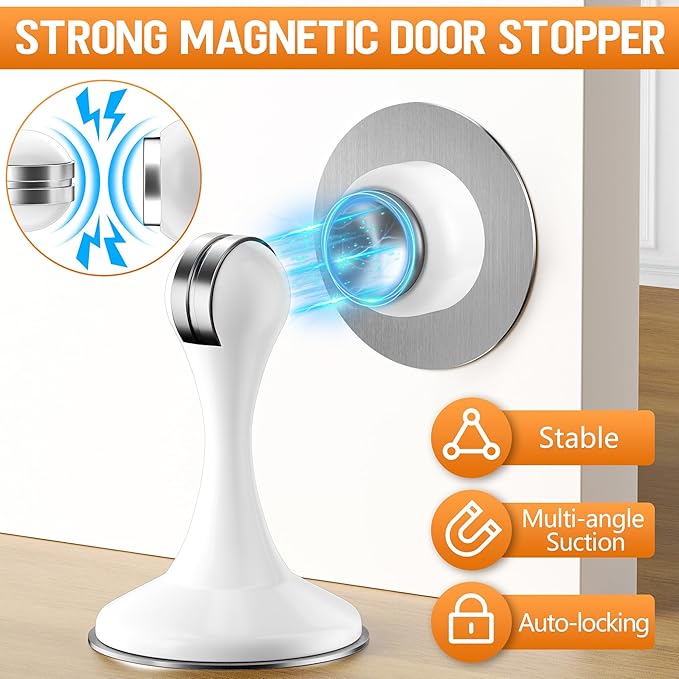 Crosize Magnetic Door Stoppers 2 Pack, Stainless Steel Door Catch for Wall and Floor Mounting, Door Holder Keep Door Open, No Drilling Door Stop with Adhesive Tapes, White