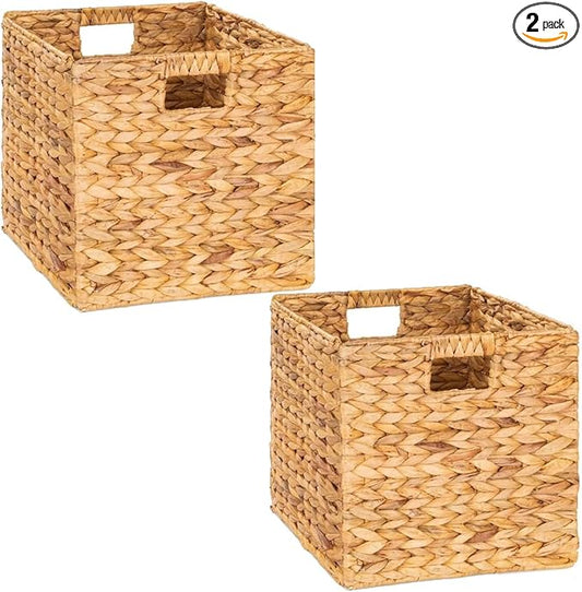 Storage Cube 10.5 x 10.5in, Wicker Storage Baskets for Shelves, Water Hyacinth Storage Baskets, Square Wicker Storage Basket (2 Packs 10.5in)