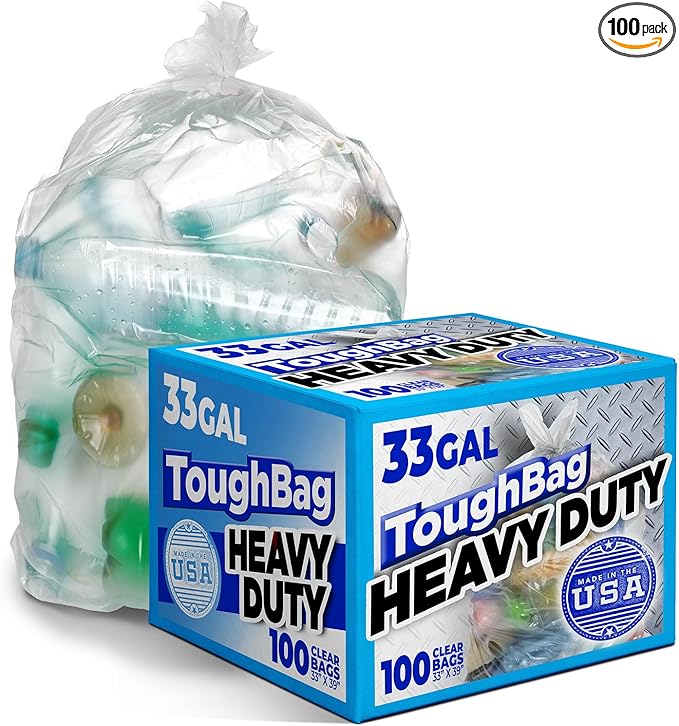 ToughBag 30-33 Gallon Clear Trash Bags (100 Count) Recycling Bag, Garbage Can Liners – Clear Trash Bags 30+ Gallon - Made In USA
