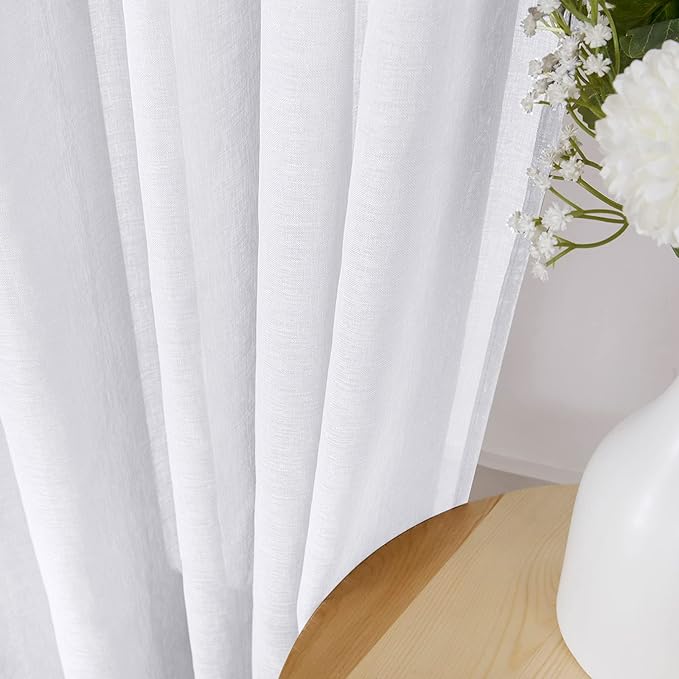 Tollpiz Short Sheer Curtain Linen Textured Living Room Curtains Sheer Light Filtering Rod Pocket Voile Curtain for Bedroom, 42 x 54 inches Long, White, Set of 2 Panels