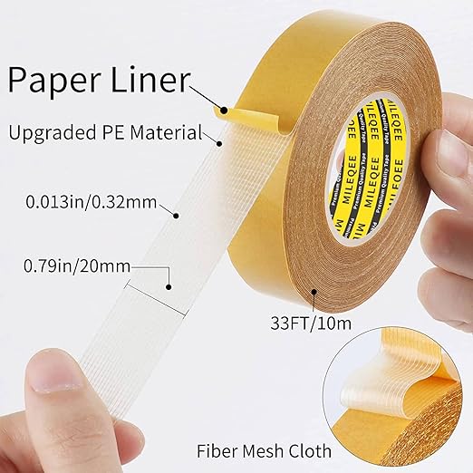 Double Sided Tape Heavy Duty, 0.79" x 33FT(10m), Universal High Tack Strong Wall Adhesive with Fiberglass Mesh, Super Sticky Resistente Clear Tape, Easy Use Mounting Tape School Supplies