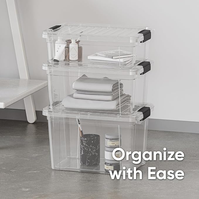 Superio Storage Bins with Lids- 4 Pack, 6.6 Qt Clear Boxes for Organizing, Stackable Plastic Containers- BPA Free, Non-Toxic, Odor Free, Organizer for Home, Office, Dorm