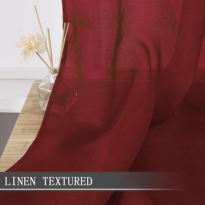 Tollpiz Sheer Curtain Linen Textured Bedroom Curtains Sheer Light Filtering Rod Pocket Voile Curtain for Living Room, 54 x 95 inches Long, Burgundy Red, Set of 2 Panels