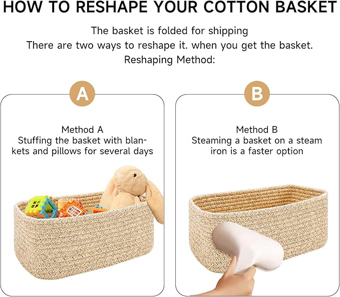 Small Storage Baskets for Organizing | Closet Organizer Bins | Shelf Toy Basket | Woven Rope Baskets | Cube Decorative Box | Shallow Basket | 13x8.5x5.1” | 3 Packs Yellow