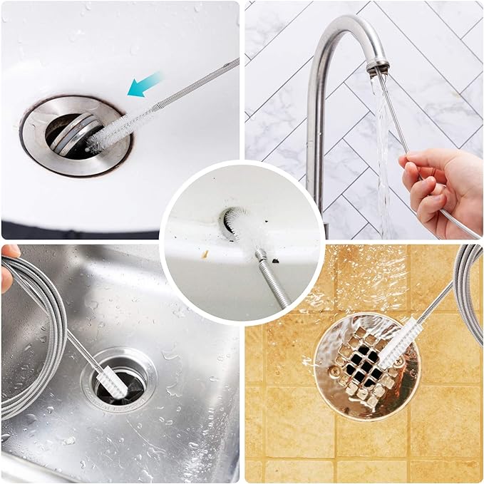 Extra-Thick Drain Brush with Stronger Spring 61-Inch Stainless Steel and Nylon Pipe Cleaner for Flexible, Curved & Slim Holes, Stronger Spring Version