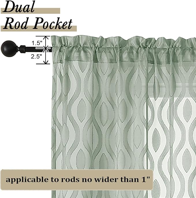 Aiyufeng Sheer Curtains 63 Inch Length 2 Panels Set, Solid Green Airy Light Filtering Voile Curtains Window Treatments for Bedroom Living Room, Modern Wavy Line Textured Curtains, 40" WX63 L Inches