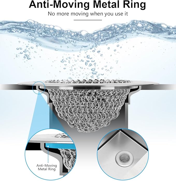 Sink Drain Strainer: Anti-Slip Flexible Chainlink, 304 Stainless Steel. Upgraded Clog-Free Kitchen Version, Easy-Clean Catcher for Garbage Disposal