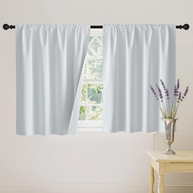 RYB HOME 100% Blackout White Short Curtains, Thermal Insulated Total Room Darkening Noise Reducing Curtains Tier for Cafe Kicthen Basement, 42 inches Wide by 36 inches Long