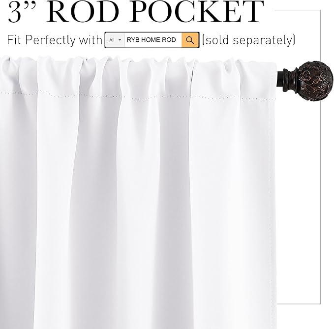RYB HOME Room Darkening Curtains for Small Window Lower Portion Decor Energy Saving Drapes for Kitchen Bedroom Bathroom Downstairs Window RV Curtains, 42 x 36, Pure White, 2 Panels